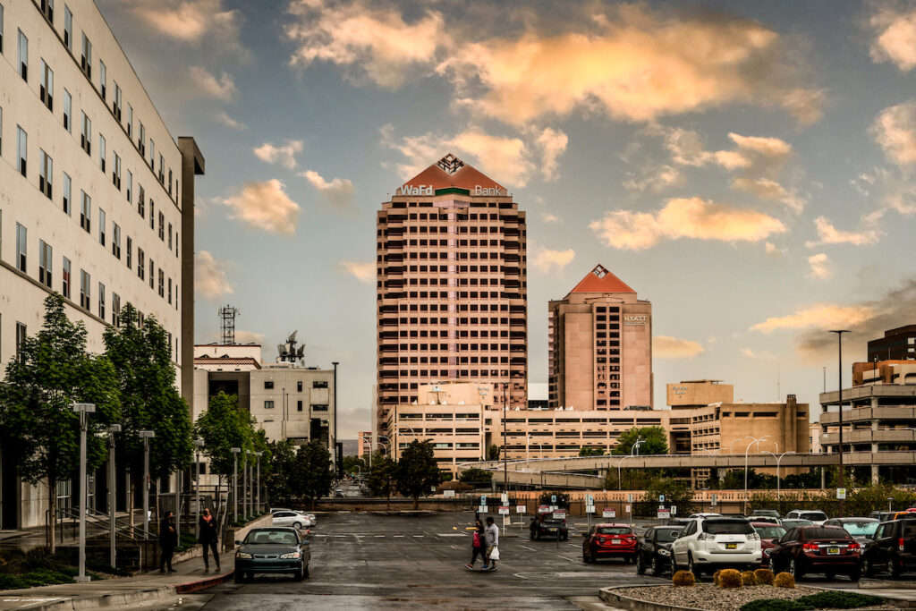 Cityscape with two tall buildings.