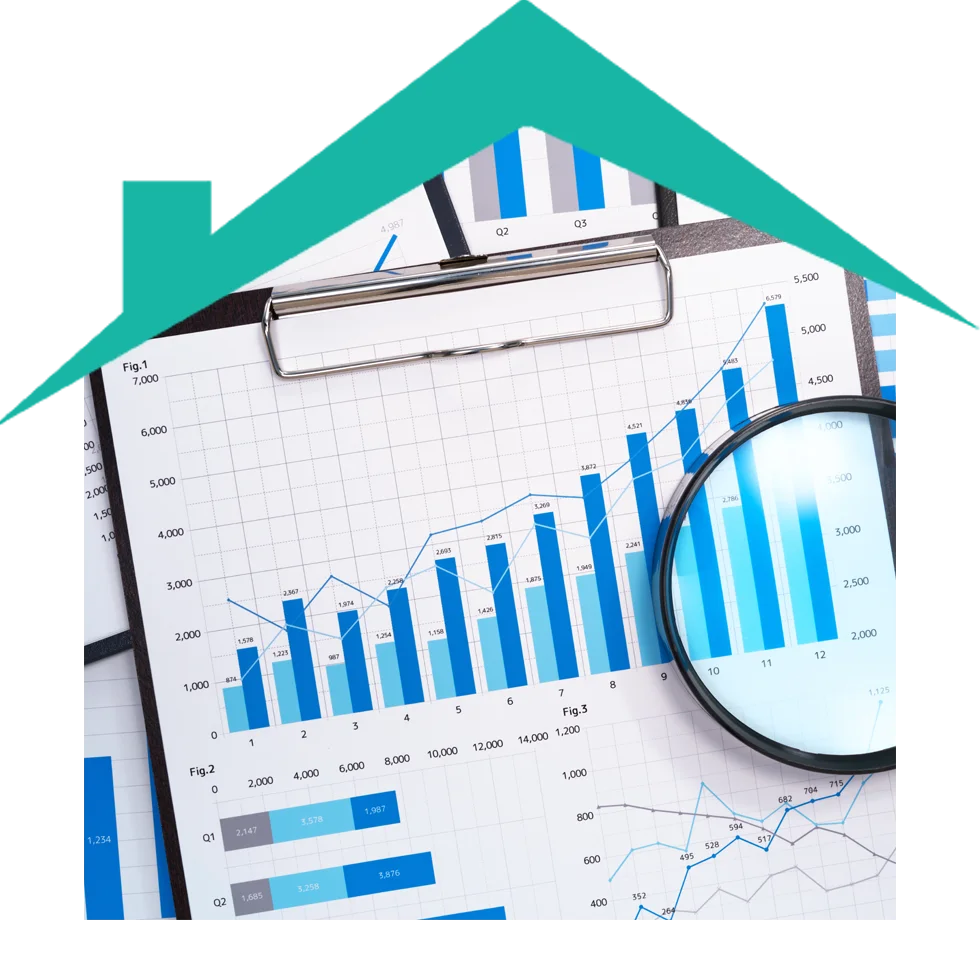 Magnifying glass on financial graphs and charts.