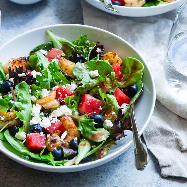 Watermelon, shrimp, and feta salad.