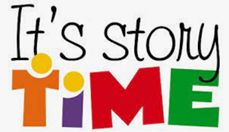 Colorful "It's Story Time" text graphic.