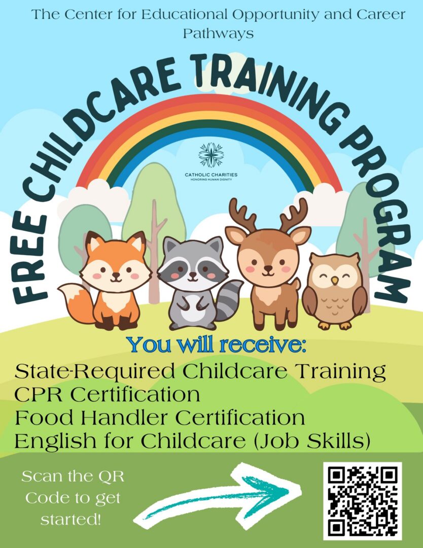 Childcare training program flyer with animals.