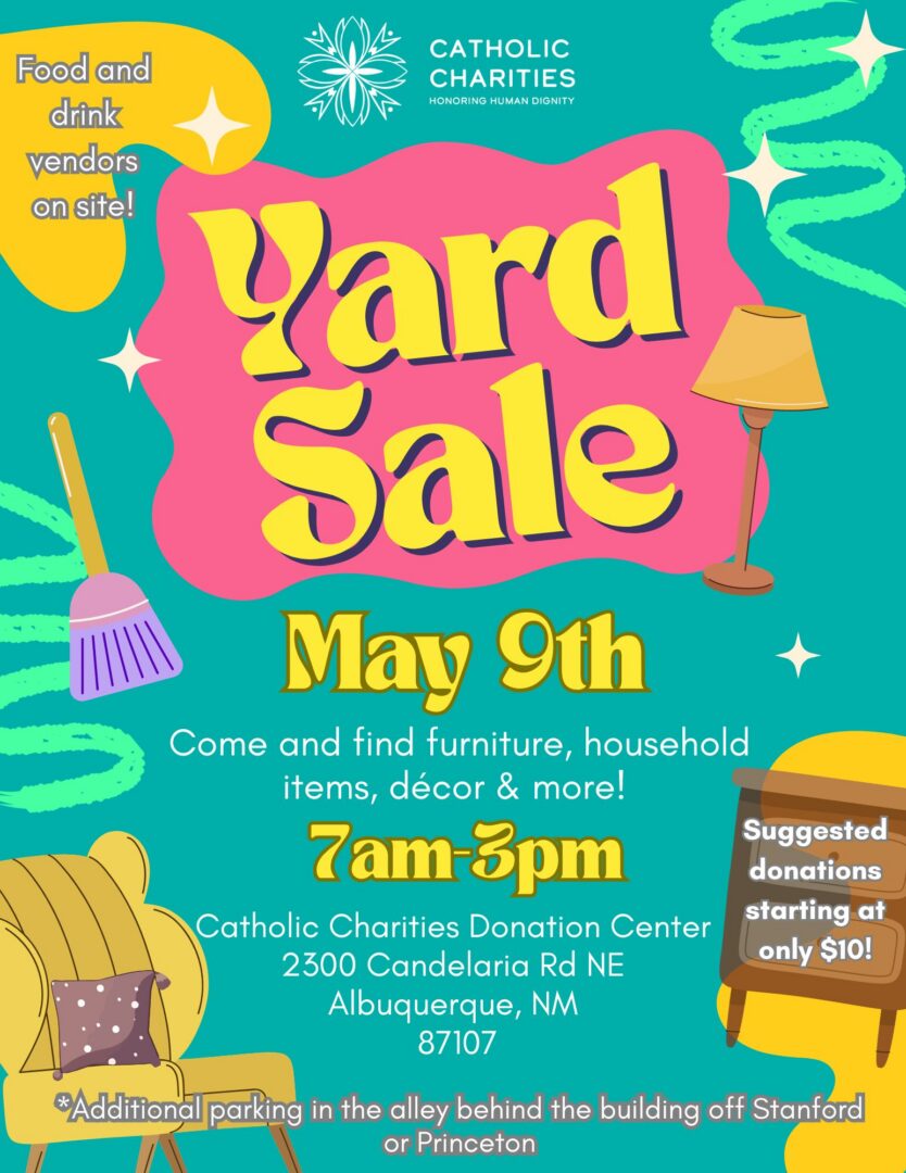 Yard sale flyer with event details.