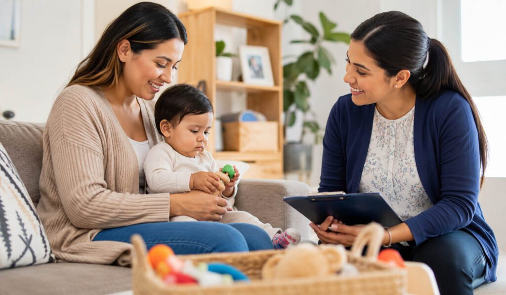 Mother and child meeting with smiling professional