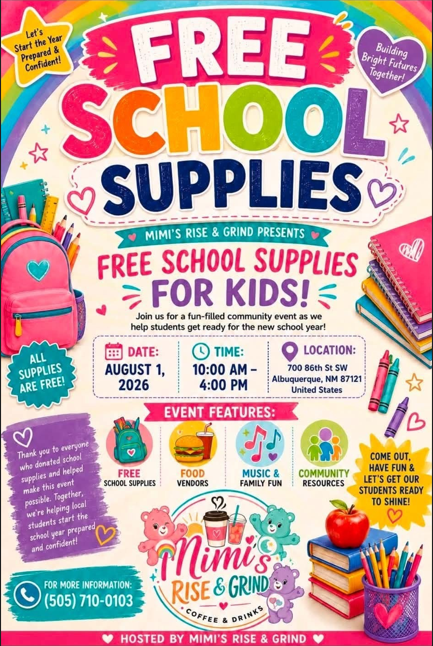 Colorful flyer advertising free school supplies event