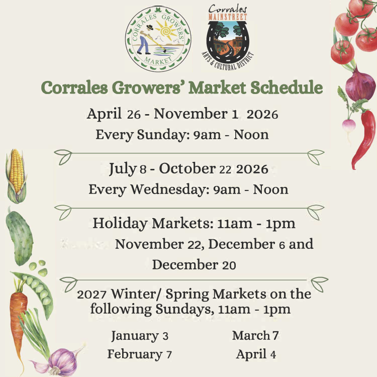 Corrales Growers' Market schedule poster with vegetables