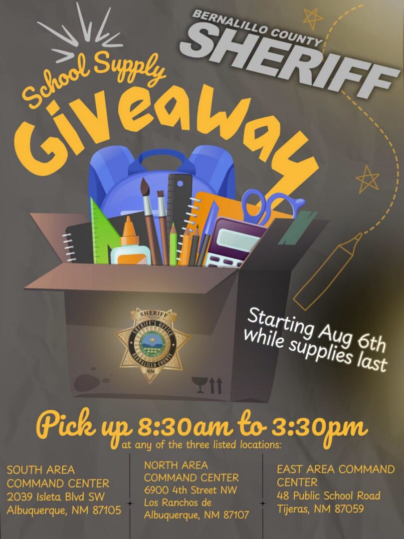 Bernalillo County Sheriff school supply giveaway poster